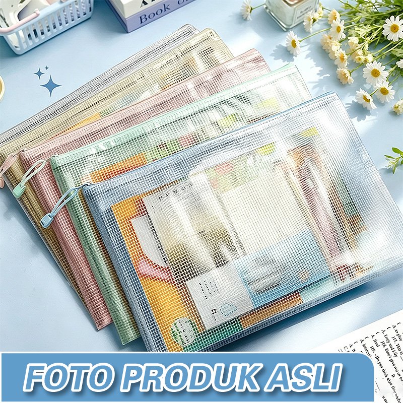 Tas Dokumen Transparan Anti Air PVC, Map Jaring Plastik Penyimpanan Berkas Belajar Kantor, Multi Uku