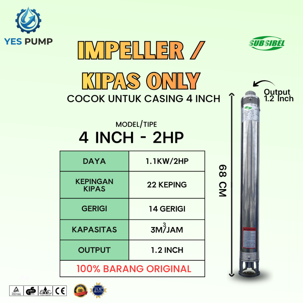 Kipas / Impeller Pompa Air Submersible 4 Inch 3/22 2HP | Output 1.2 Inch | 3M³/Jam