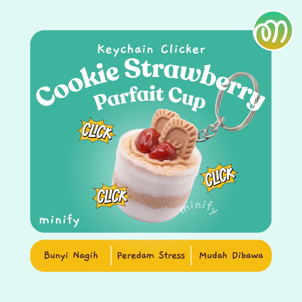 Keychain Fidget Clicker - Cookie Strawberry Parfait Cup | Gantungan Kunci Kue Cookie Cake Cute Pered