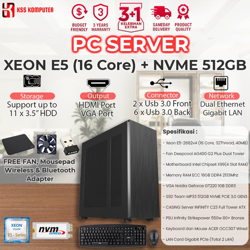 Komputer SERVER Intel XEON E5 + RAM 64GB + NVME 512GB + Tower Server Case