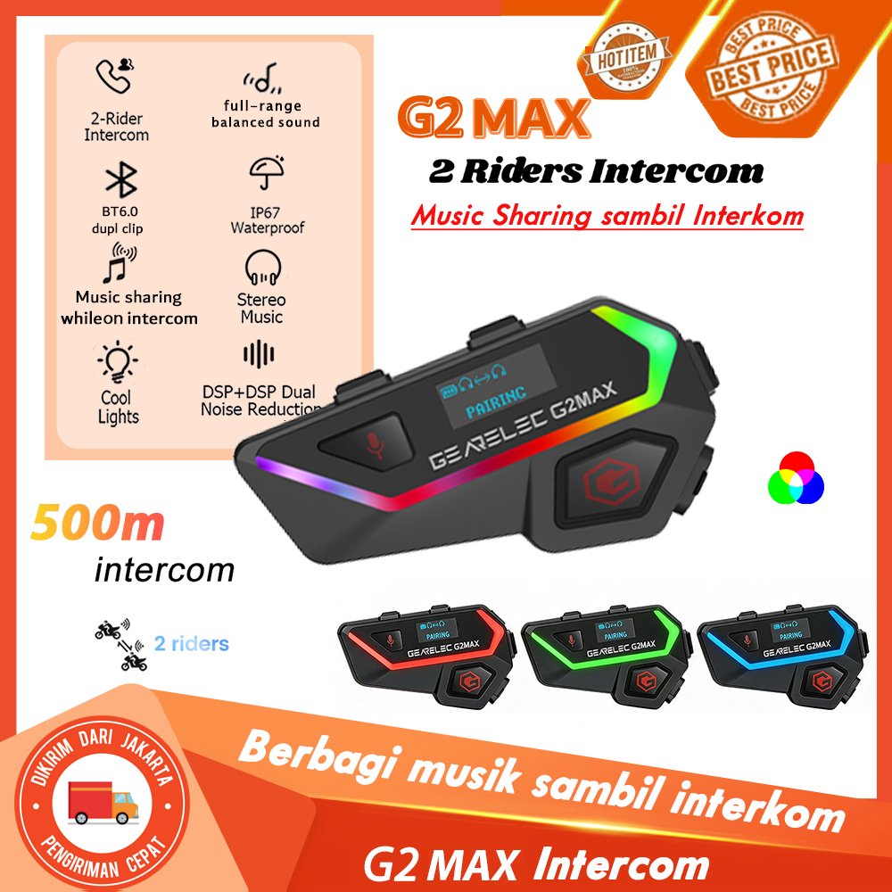 GEARELEC G2 MAX Helm Intercom Headset 2 Riders 500m intercom Support Music Sharing While On Intercom