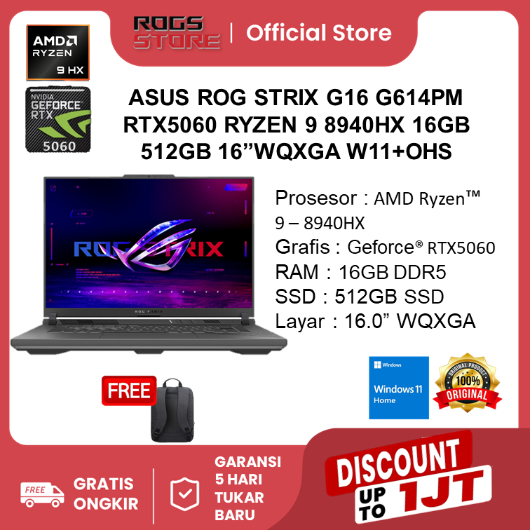 ASUS ROG STRIX G16 G614PM - RTX5060 RYZEN 9 8940HX 16GB 512GB SSD 16"WQXGA W11