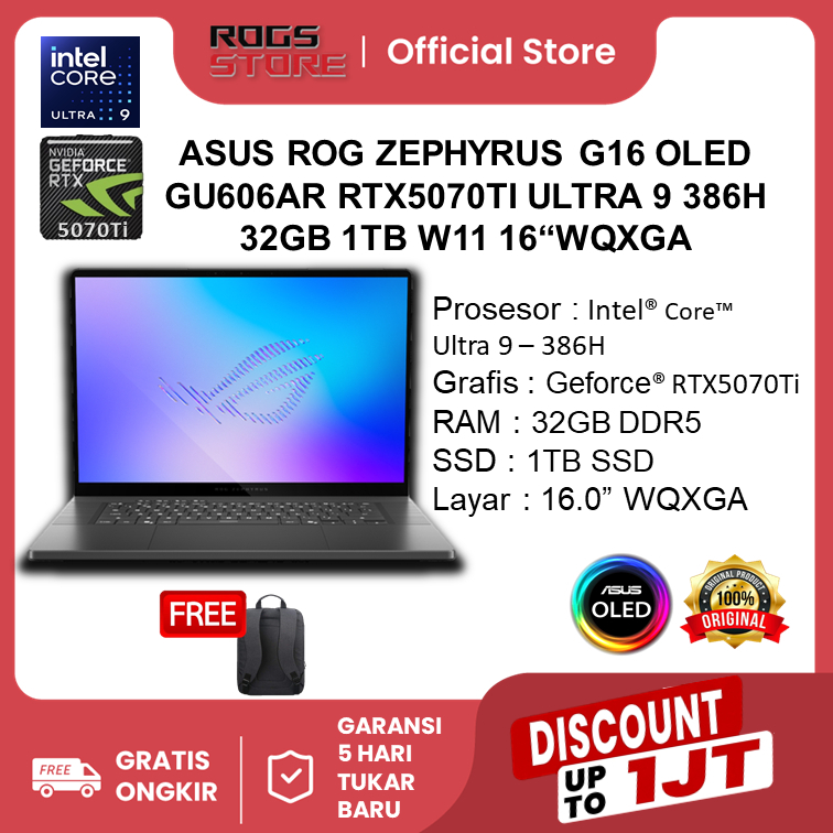 ASUS ROG ZEPHYRUS G16 OLED GU606AR - RTX5070TI ULTRA 9 386H 32GB 1TB 16"WQXGA