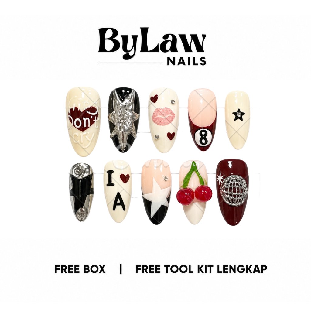 [ByLaw. Nails] Cherry Night Glam | Press On Nails Burgundy Luxury | Kuku Palsu Elegant Party Classy 