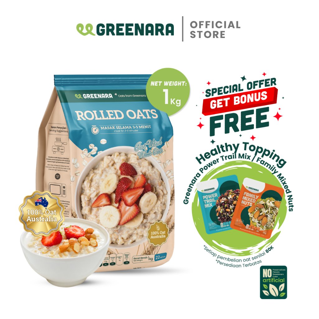 Greenara Natural Rolled Oat Australia 1Kg / Oat Utuh