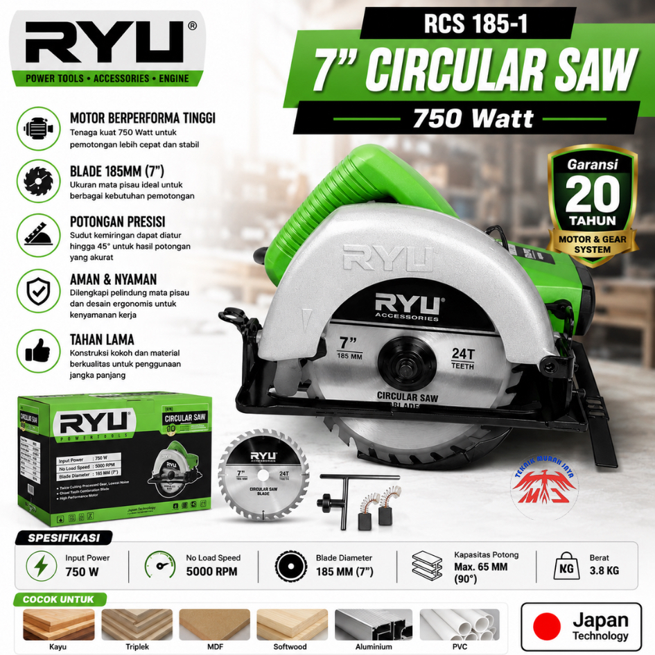 RYU RCS 185-1 Mesin Serkel Gergaji Listrik 7 inch Potong Kayu Circular Saw 750 Watt Sirkel Tekiro Li