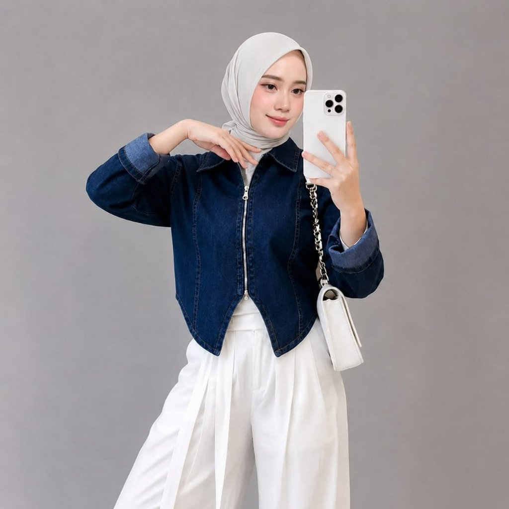 Amora / Syira Jeans Crop Top Zipper Wanita Denim Premium - Outer Denim Lengan Panjang