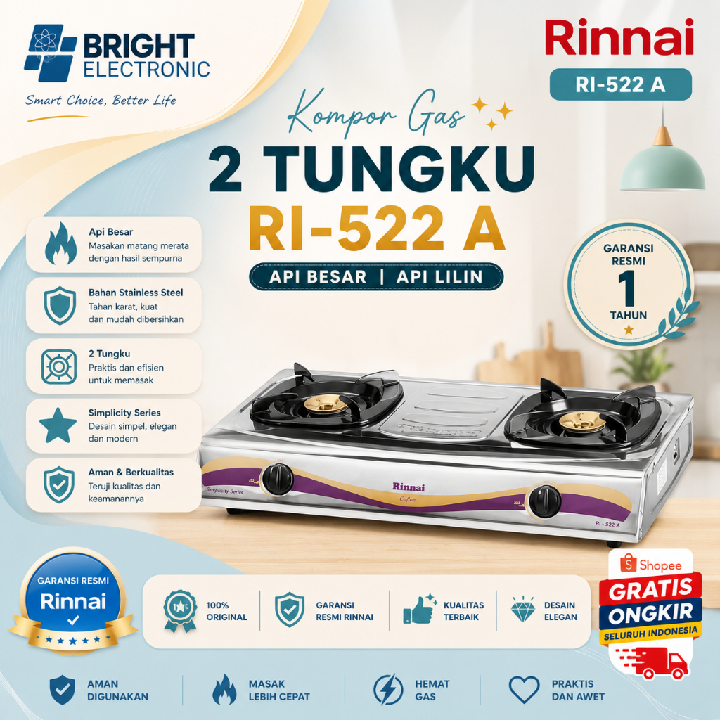 RINNAI KOMPOR GAS 2 TUNGKU RI-522 A API BESAR API LILIN TERMURAH/RI-522A/RI522A/RI 522A/RI 522 A