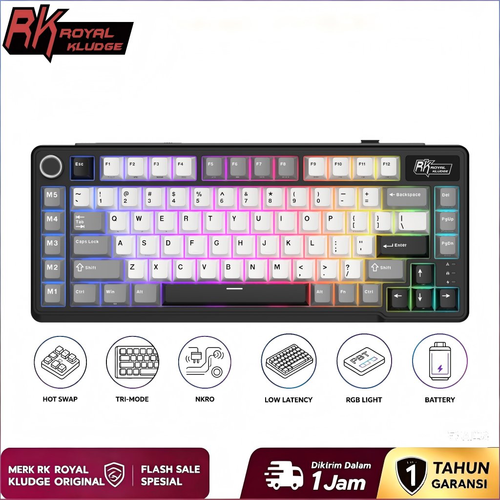 Royal Kludge RK L75 Mechanical Keyboard 85 Tombol Warna Hitam Knight 80% Layout Gasket DIY Hot Swap 