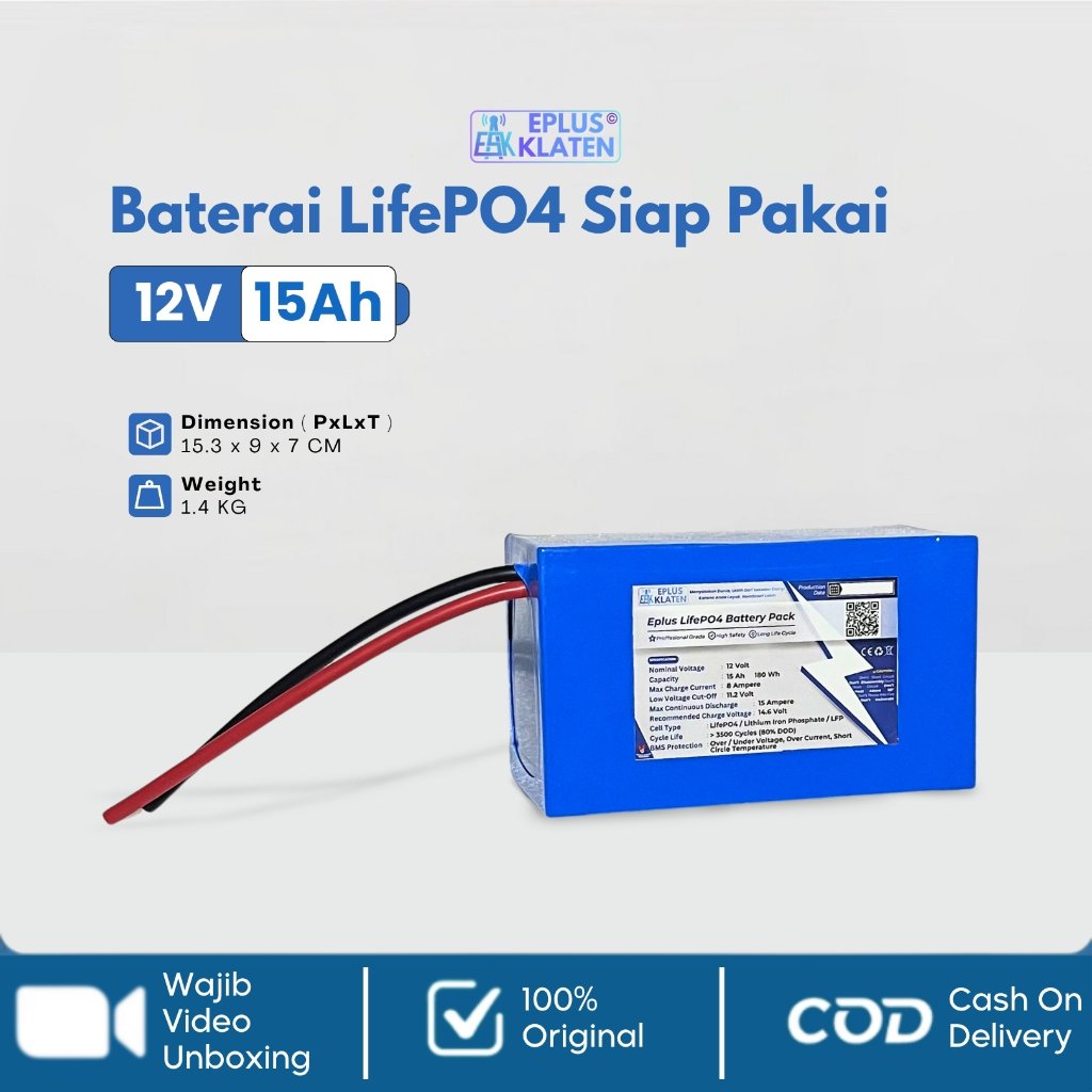 12V 15Ah + BMS NEW Cell Baru 12 Volt 15A Setrum PDC Backup Spayer Elektrik Siap Pakai - BT132