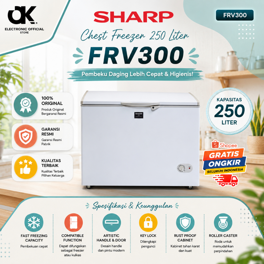 CHEST FREEZER 250 LITER SHARP FRV 300 Freezer pembeku daging/FRV-300/FRV300/GARANSI RESMI/ORIGINAL