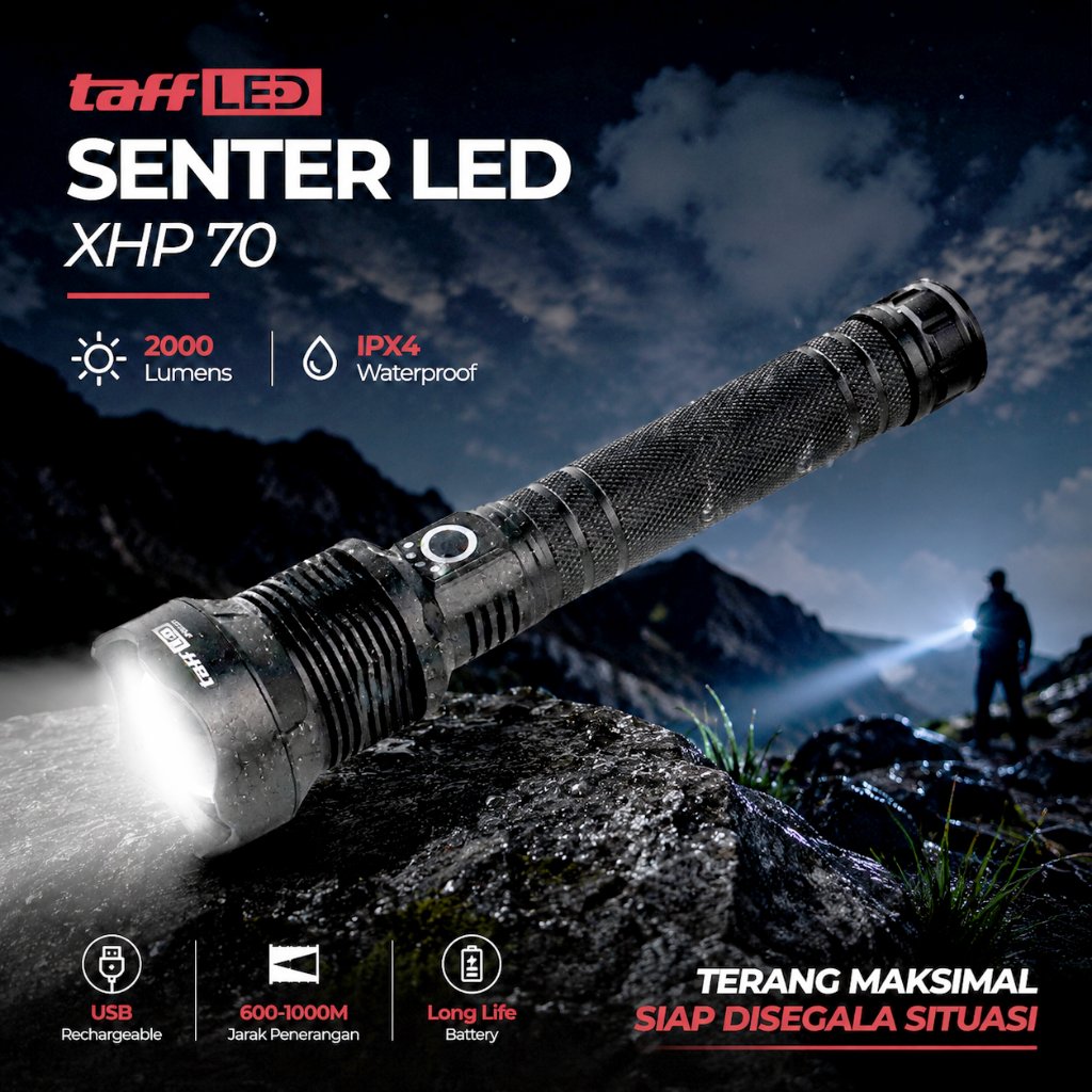 TAFFLED Senter XHP 70.2 LED USB Rechargeable + 2 Battery & Charger