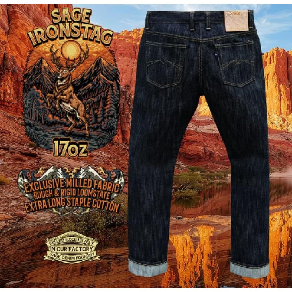 Celana Sage Denim Ironstag 17oz Unsanforized Extra Deep Indigo Selvedge - SLIM CUT, 27