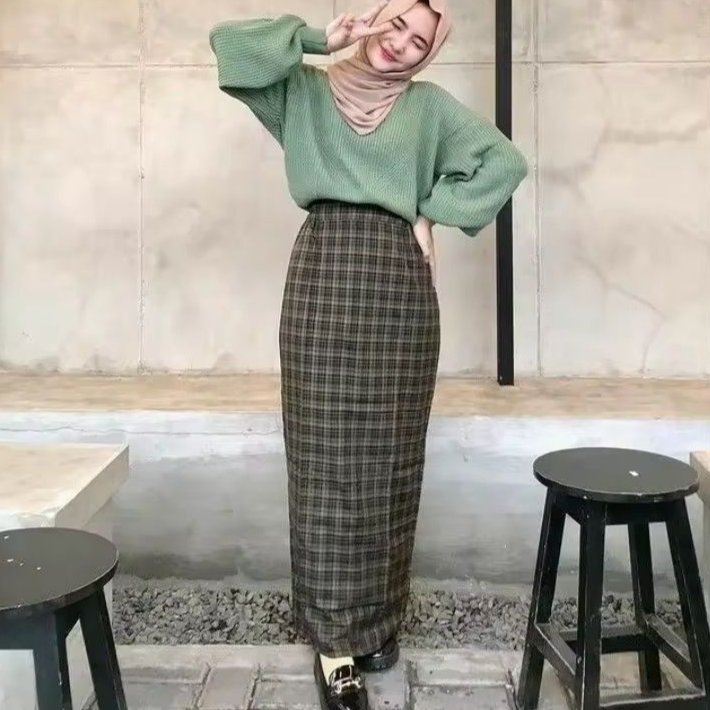 Rok Wanita Semi Wol Premium High Quality / Rok Panjang Wanita Motif Kotak Kotak / Rok Motif Terbaru
