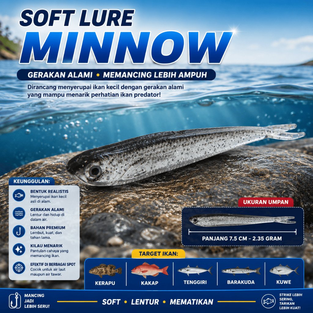 Umpan Soft Lure Minnow Ikan Kecil Untuk Ikan Predator Kakap Kerapu Gabus Toman Tenggiri GT