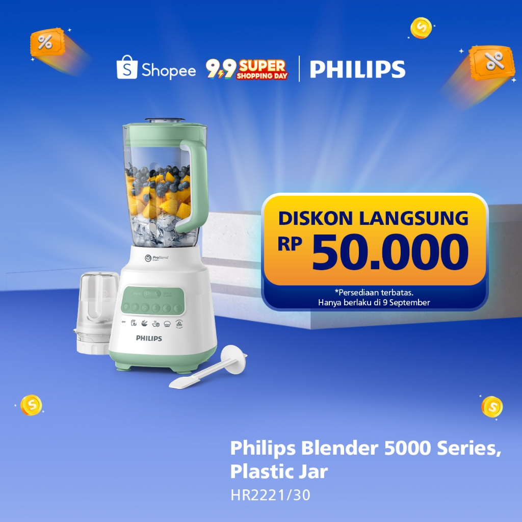 Blender Philips Plastik 2 liter - 5000 Series HR2221/30 - Blender jus - Blender bumbu philips - Dry 