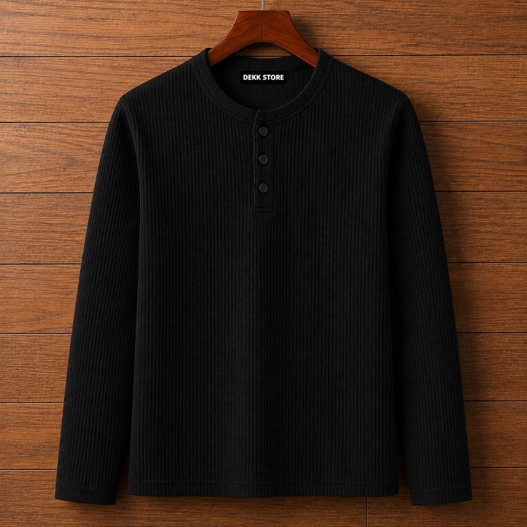KAOS KANCING HENLEY WAFFLE KNIT LENGAN PANJANG/KAOS KANCING KNIT PRIA POLOS