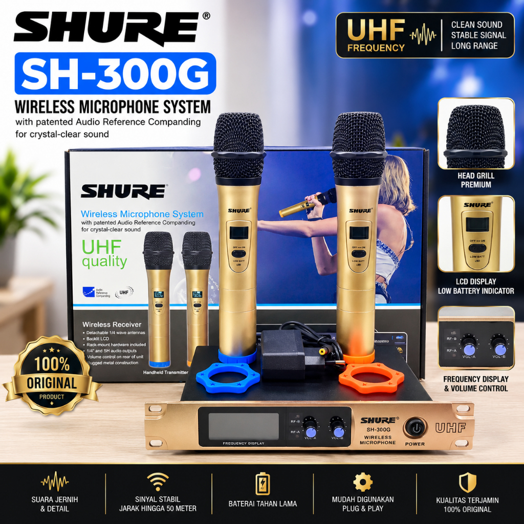 Mic Wireless SH-300G UHF Dual Channel 2 Mic + Receiver Wireless Microphone