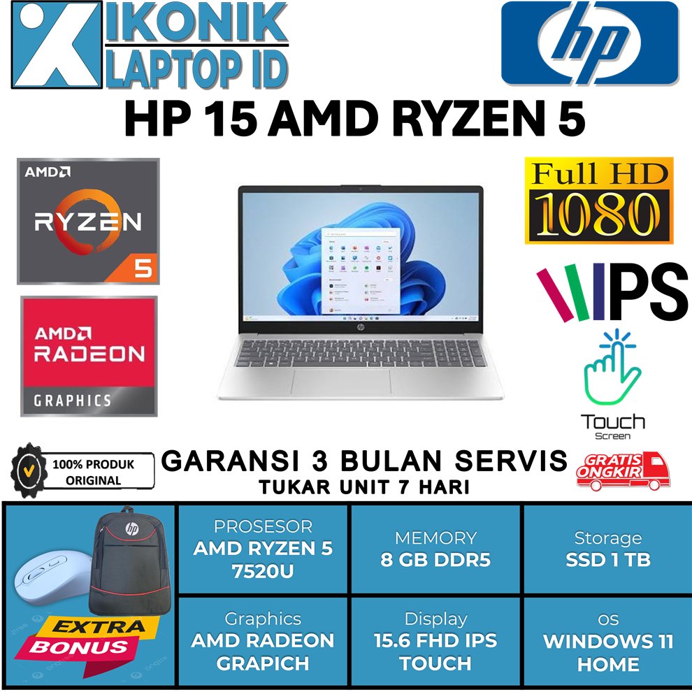 Laptop HP 15 Inch Amd Ryzen 5 7250u 15.6 Inch Full HD IPS Touchscreen Windows 11 Home