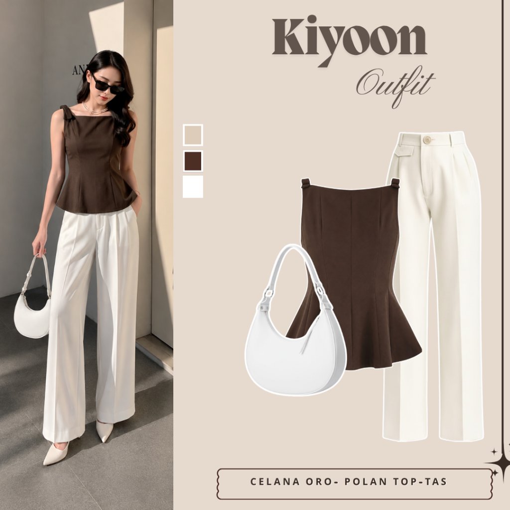 Setelan 3in1 Wanita Terbaru | Pollan Top +Celana Oro +Tas| One Set Korean Style Outfit Kekinian Hang