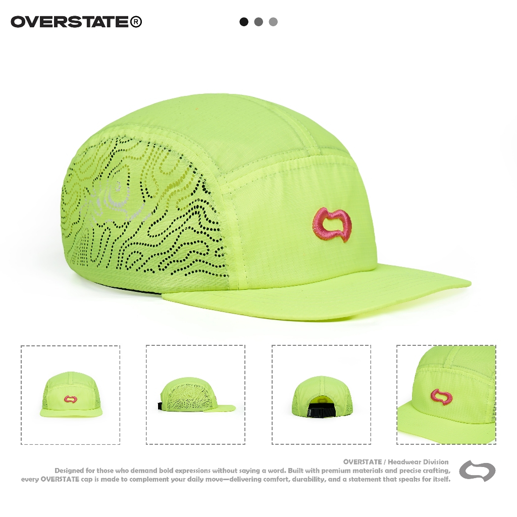OVERSTATE - Topi Snapback 5 Panel Seri Topografy - Warna Hijau Neon - Bahan Ripstop Water Proff Prem
