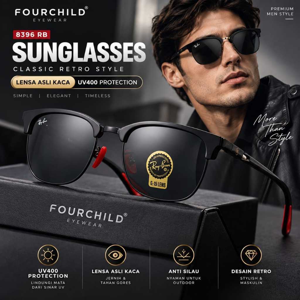 8396 RB Kacamata Hitam Pria Retro Lensa Kaca UV400 Anti Silau Outdoor Frame Stylish