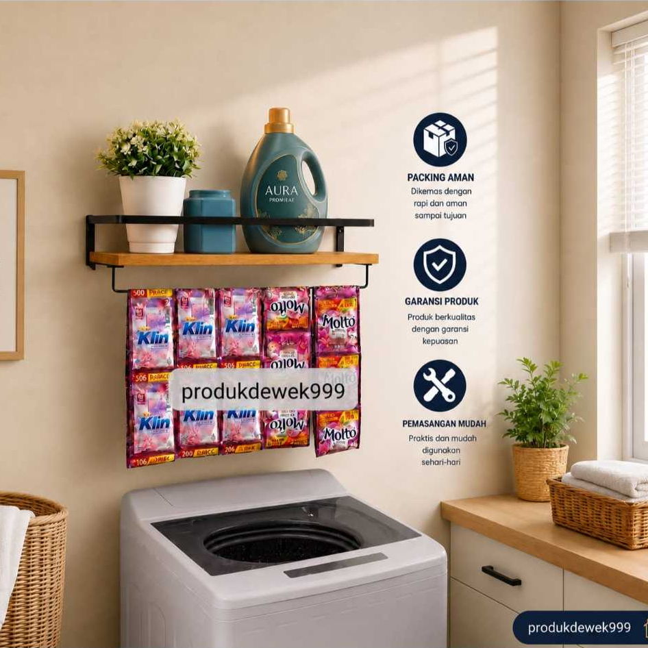 Rak Laundry Gantung Dinding Minimalis | Rak Deterjen & Pewangi Multifungsi Besi Kayu