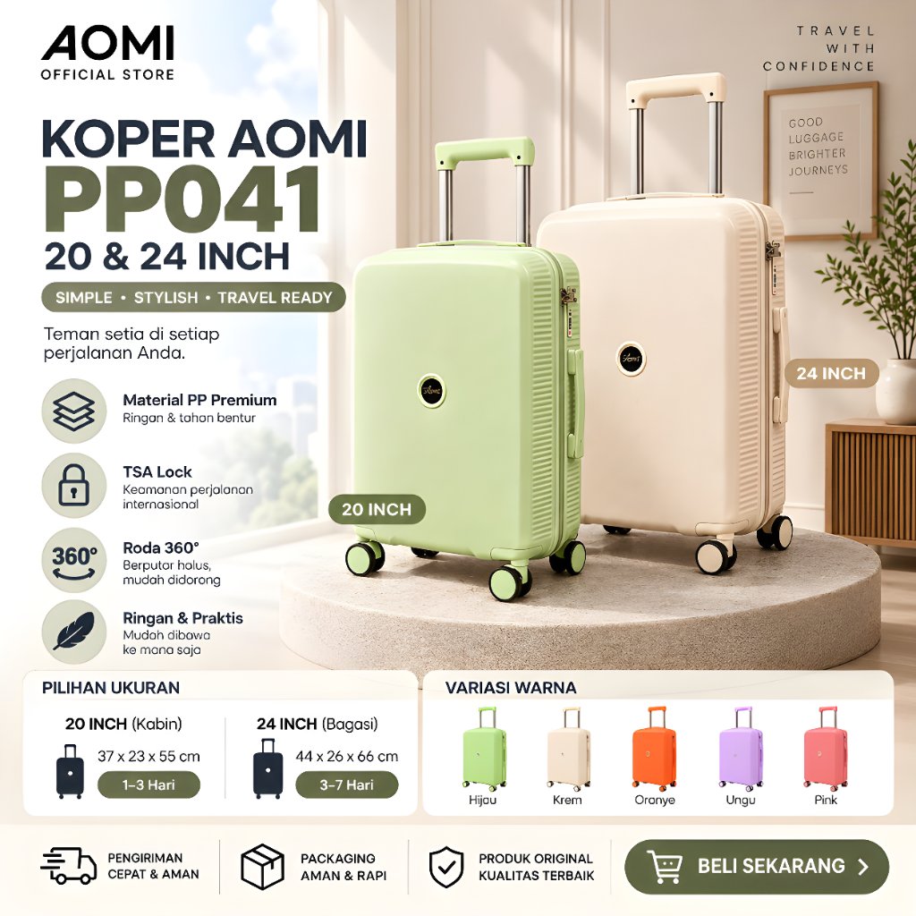 Koper PP041 TSA Lock Koper Kabin 20 Inch Koper Bagasi 24 Inch PP Premium Roda 360°