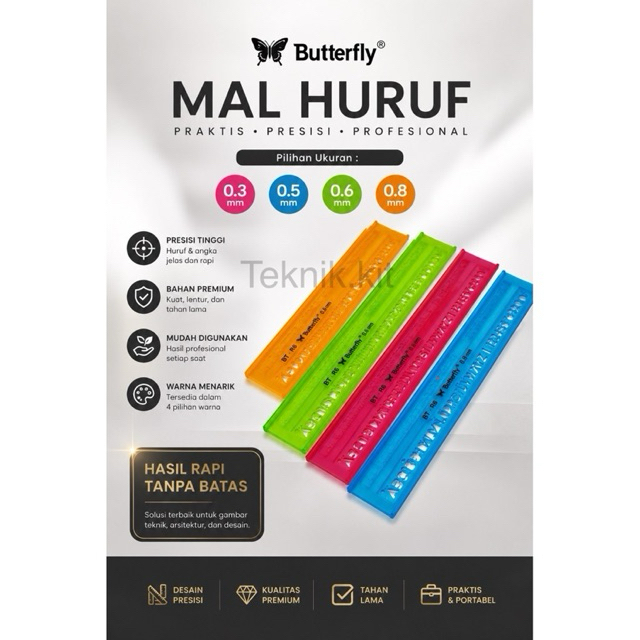 Mal Huruf Butterfly 0.3 0.5 0.8 mm – Mal Gambar Teknik Arsitek – Template Huruf Angka Teknik
