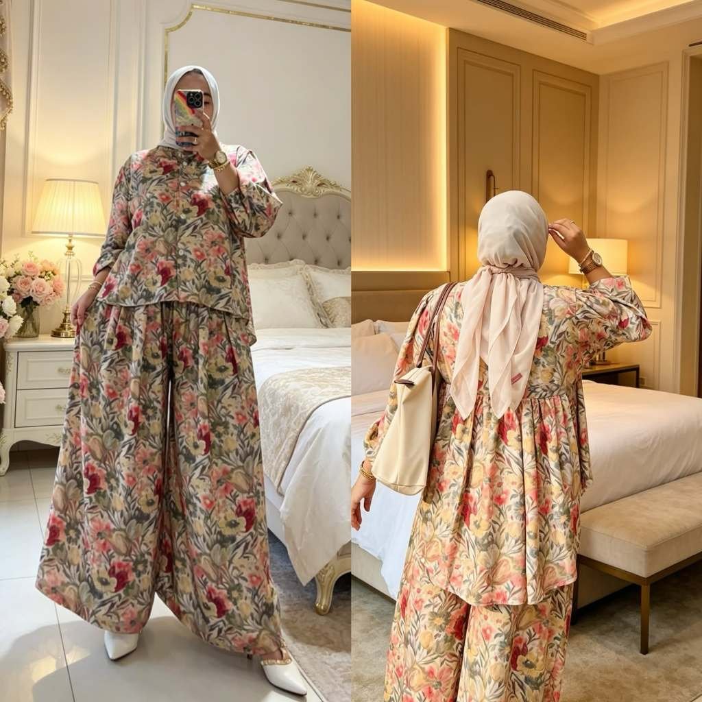 Marisa Set Kulot Jumbo Rayon Diamond Motif Premium Setelan Wanita Casual Lengan Karet