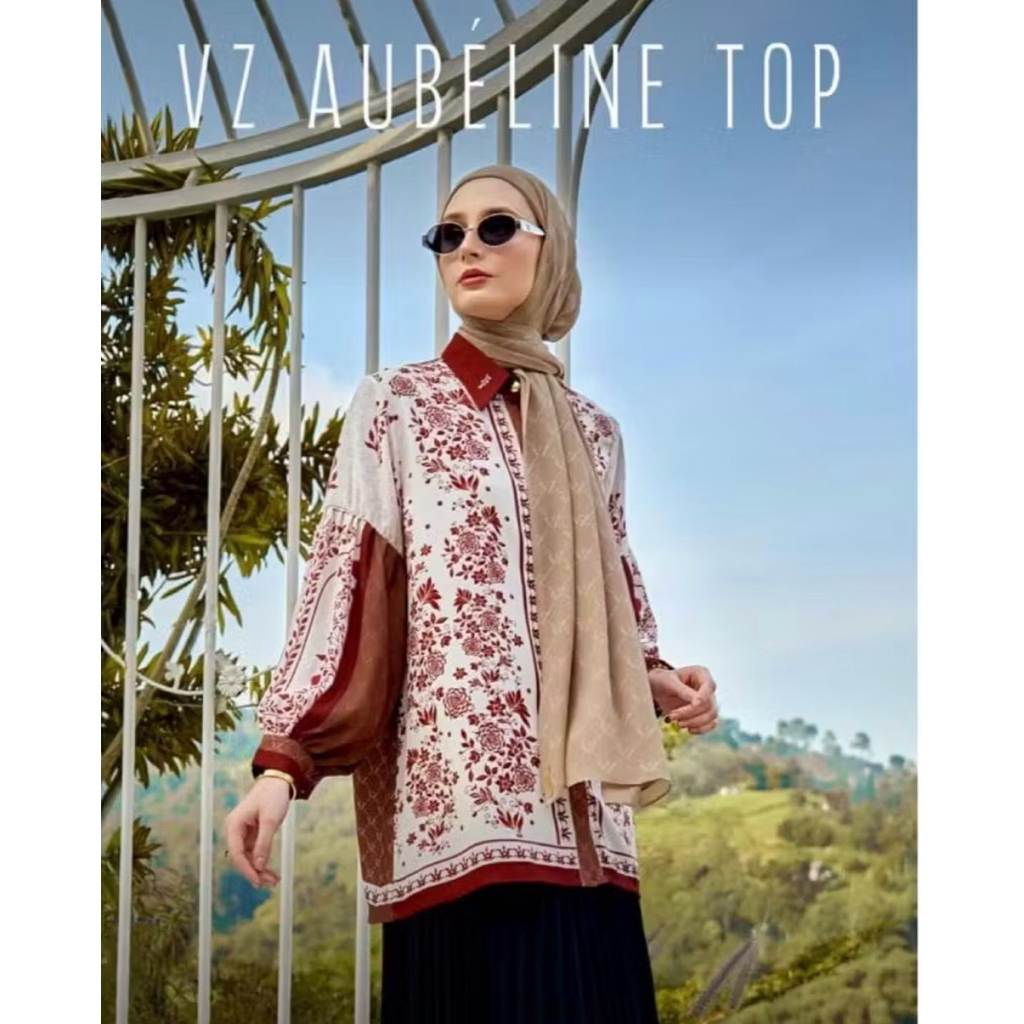 Blouse wanita VZ Aubeline Top motif floral lengan panjang warna cokelat krem