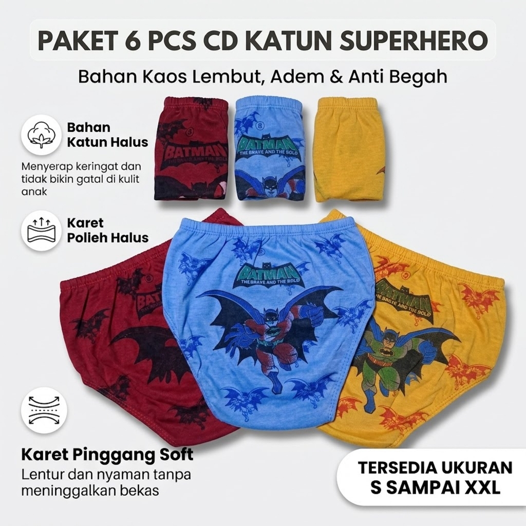 Sempak Anak Cowok Karakter Batman Spiderman Bahan Adem Anti Gatal Paket Bundling