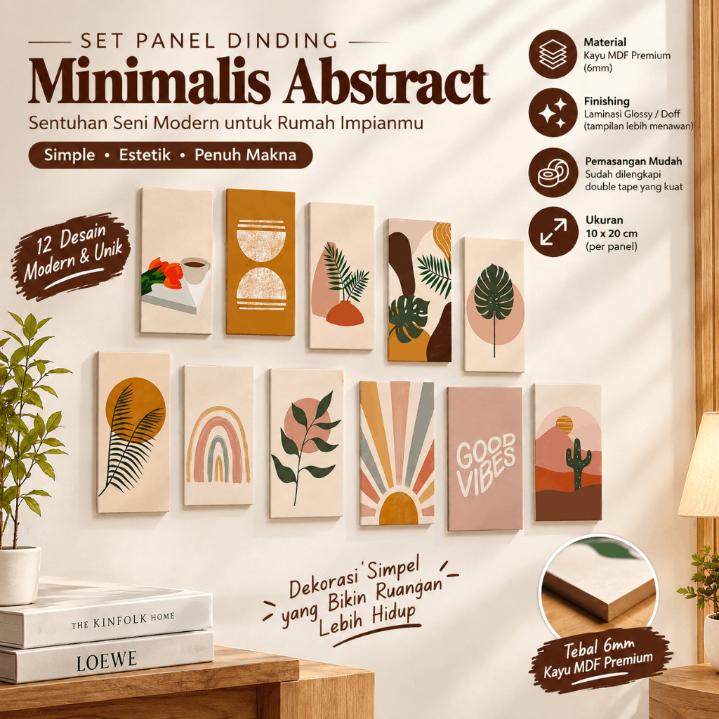 Hiasan Dinding Minimalis Abstract 12 Desain Kayu MDF 6mm Pemasangan Mudah 10x20 cm Dekorasi Rumah Ka
