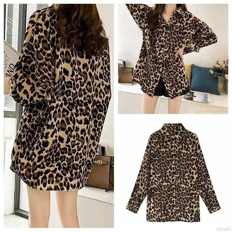 Ryuka Dress Shirt Dress Leopard Mini Dress Wanita Motif Macan Tutul Kerah Kemeja Lengan Panjang Kanc