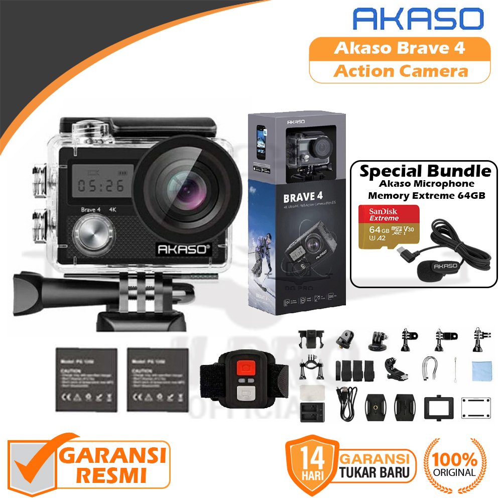 Akaso Brave 4 New Version Action Cam Camera Wifi 4K Waterproof + Remote Resmi