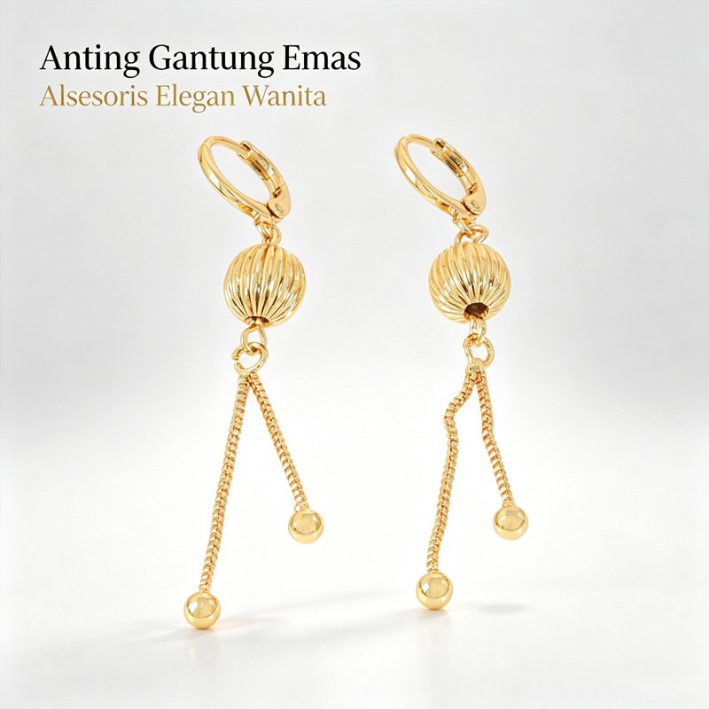 Anting Panjang Wanita Lapis Emas Model Bola Ukir & Rumbai Juntaian Elegant Anti Karat Tahan Lama Sty