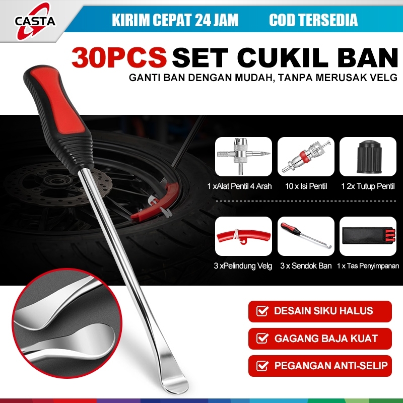 CASTA Set Cukil Ban Motor 30PCS Lengkap, 3 Sendok Ban 37.5CM Anti Slip, Pelindung Velg, Alat Pentil 