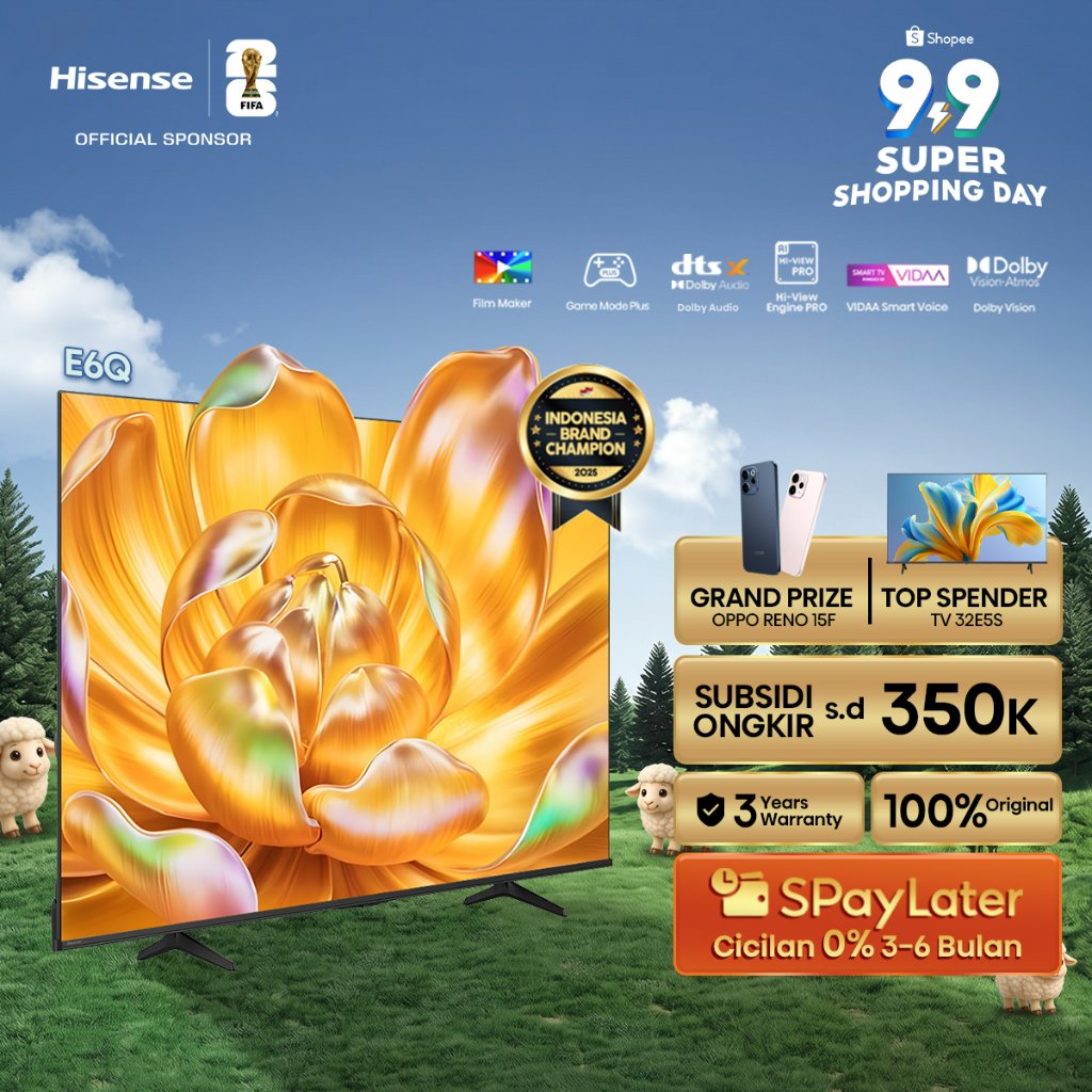 Hisense 4K TV E6Q- 43/50/55/65/75 inch- Vidaa Smart Digital TV- Peningkatan AI 4K- Dolby Vision- DTS