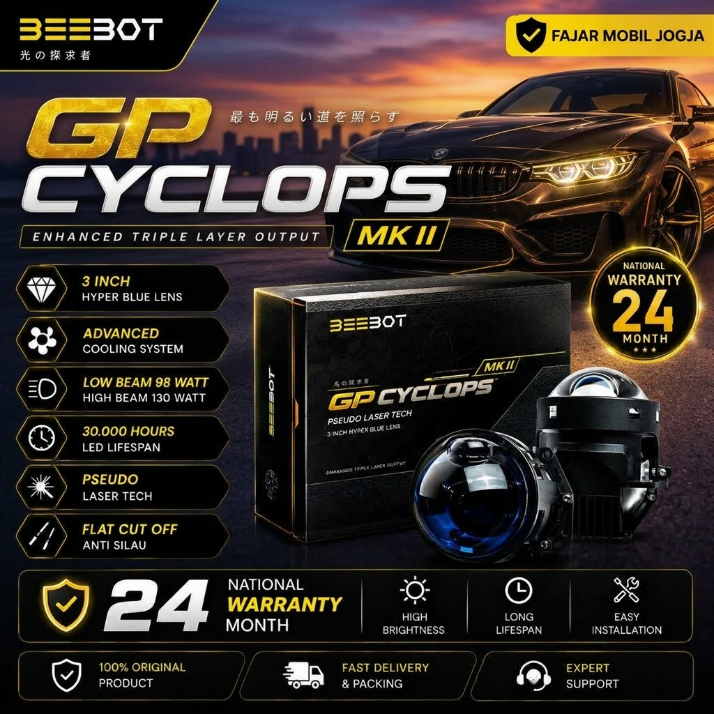 Lampu Biled Projector Headlamp 3 inch BEEBOT GP CYCLOPS MK II Hi-Low 130/98w Flat Cut Off