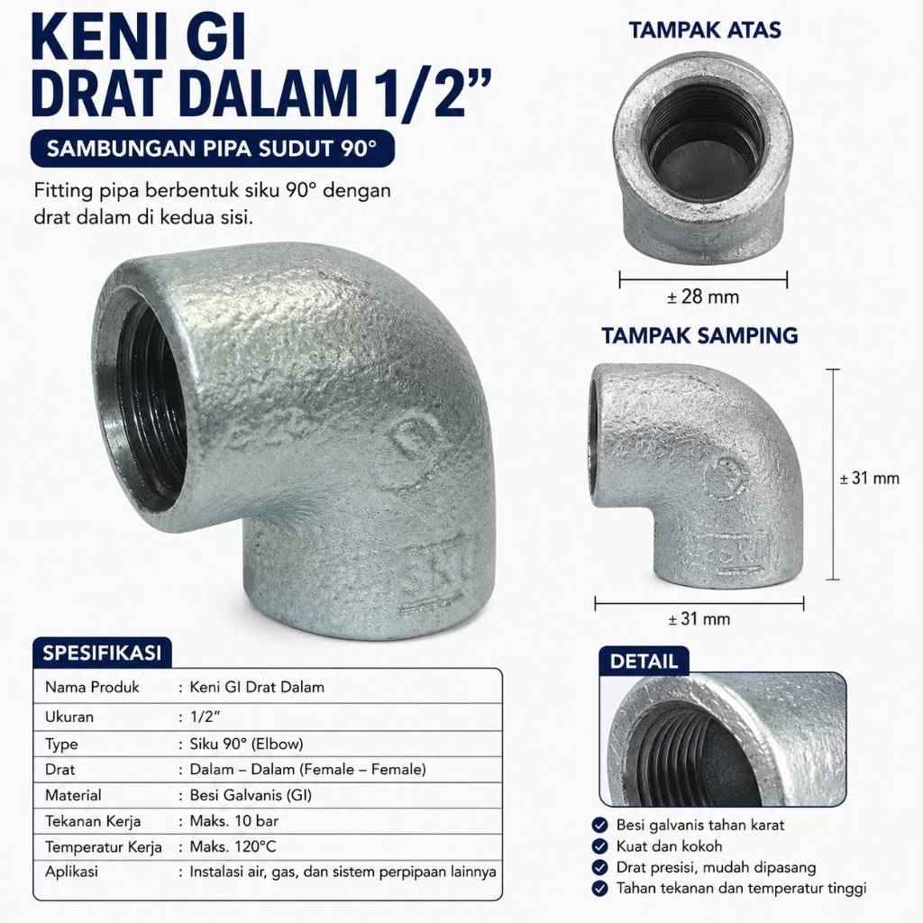 Elbow Pipa Galvanis 90 Derajat - Tahan Karat, Baja Galvanis,