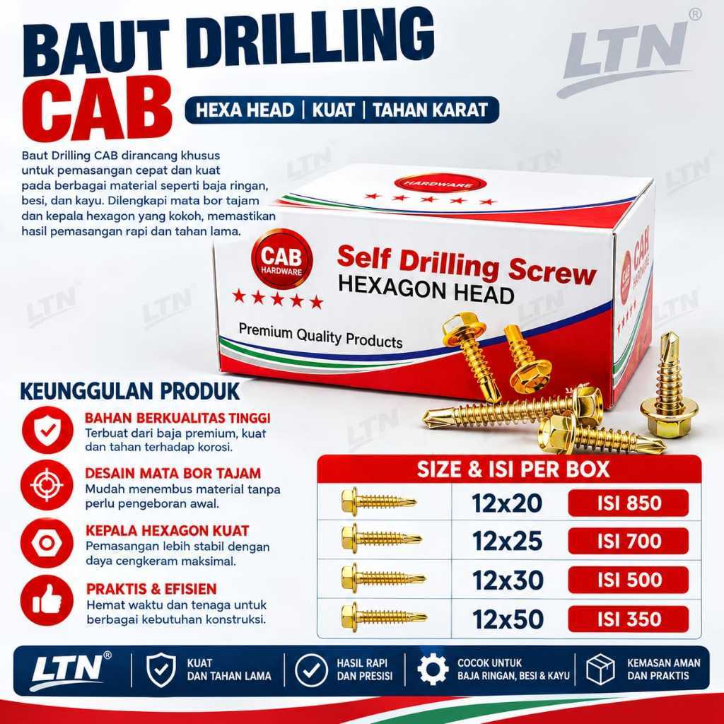 Baut Drilling 12x20 12x25 12x30 12x50 CAB Hexagon Self Drilling Screw Baja Ringan