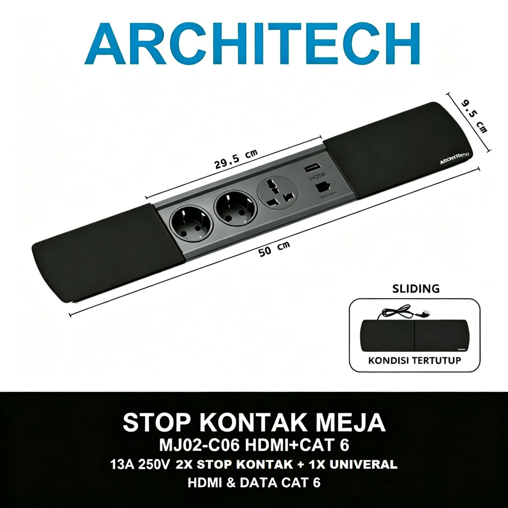 ARCHITECH MJ02-C06 HDMI+CAT6 Stop Kontak Meja  STOPKONTAK Multi pin UNIVERSAL BLACK