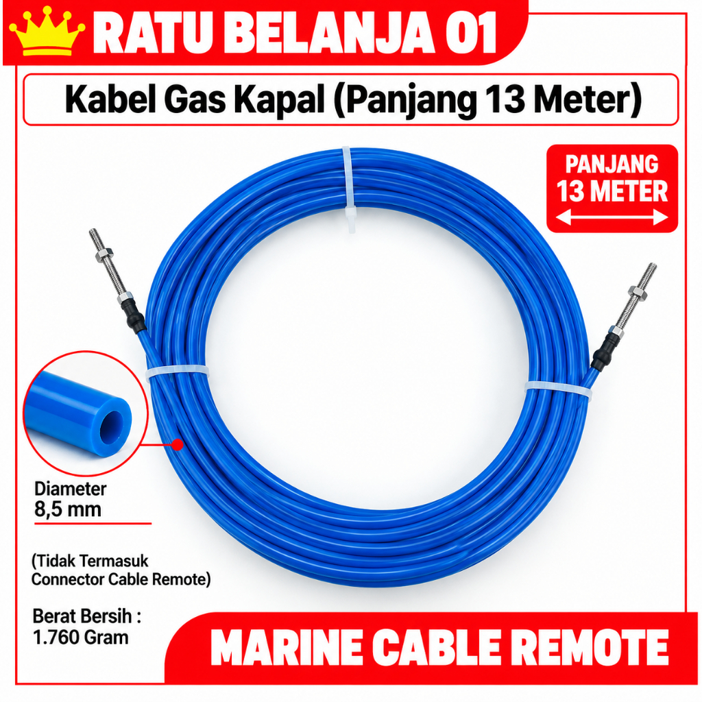 13 METER MARINE CABLE REMOTE / KABEL GAS MESIN KAPAL / TALI GAS KAPAL