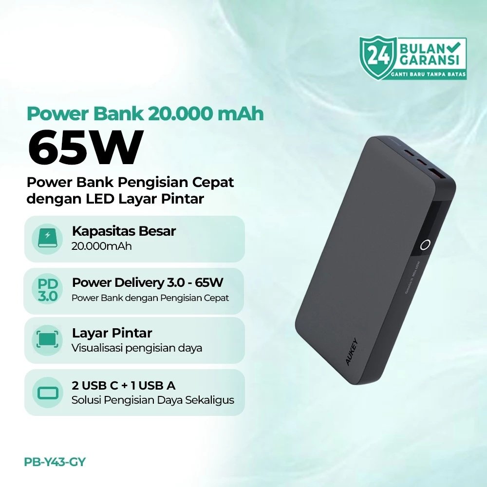 AUKEY PB-Y43-GY Powerbank 20000mAh 65W Fast Charging LED