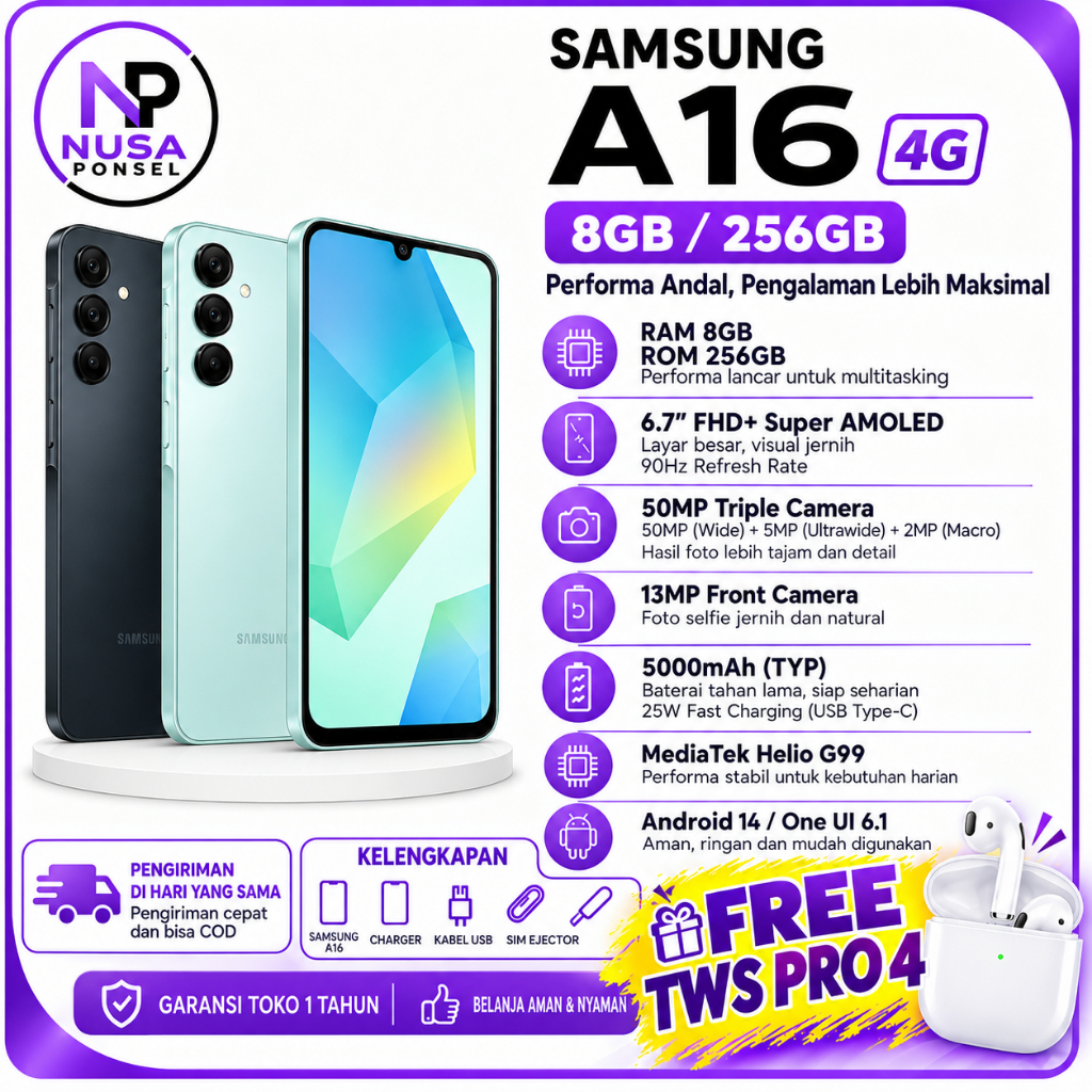 HANDPHONE A16 LTE Baru 6/128GB Super AMOLED 90Hz IP54 Hitam Abu-Abu Hijau
