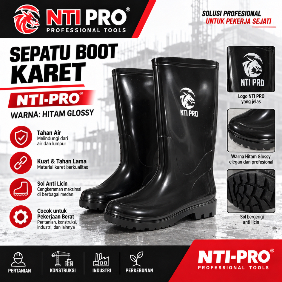 NTI PRO Sepatu Boot Hujan Kerja PVC Karet Warna Hitam Glossy Glos Tinggi Anti Air 100% - Sol Anti Sl