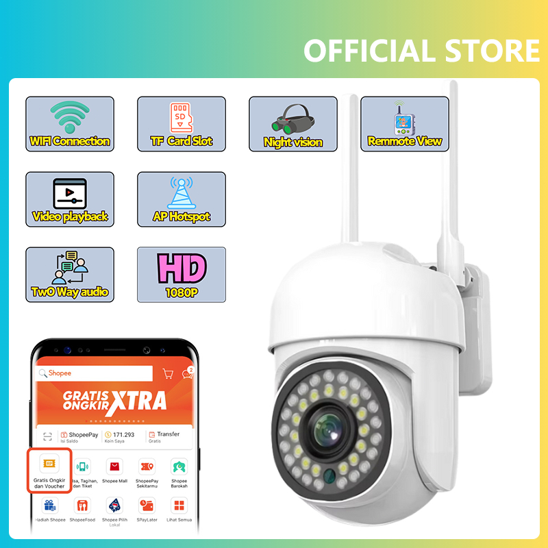 CCTV V380 Pro IP Kamera 1080P Outdoor Wifi Waterproof PTZ Color Night Vision, Cloud & Local Storage