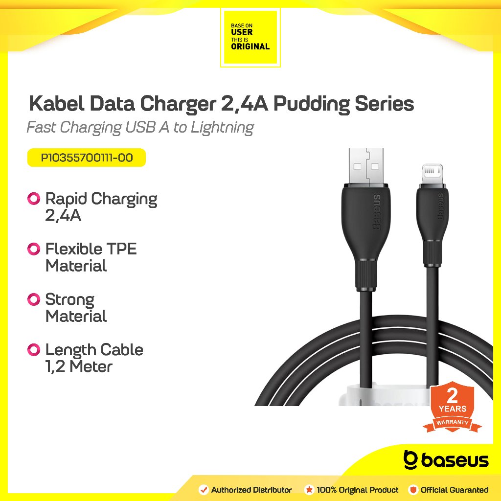 Baseus Kabel Data Charger Pudding Series USB A to Lightning 2.4A 1.2M Fast Charging Iphone 5 5S 6 7 