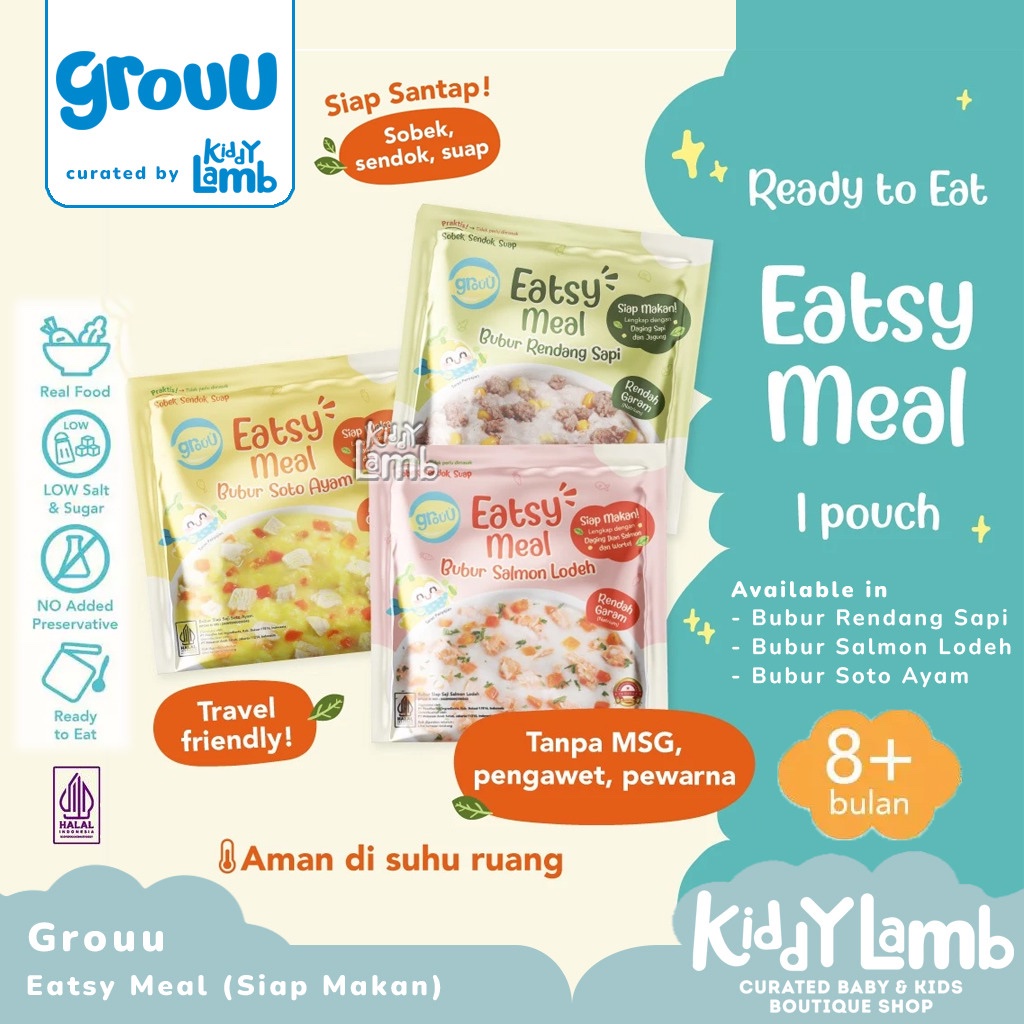 Grouu Eatsy Meals / Bubur Bayi Instan Anti GTM  Siap Saji MPASI 6 Bulan+ (Tanpa Gula, Rendah Garam) 