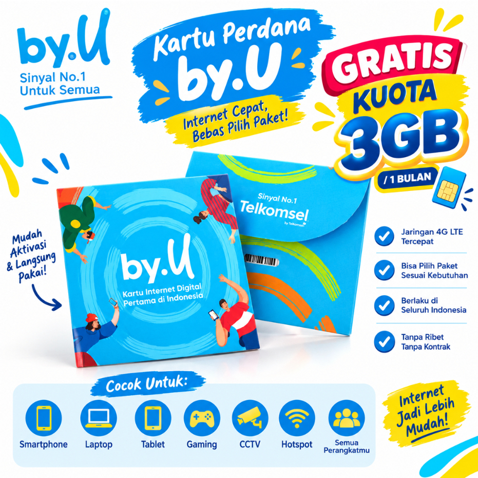 Kartu Perdana by.U 4G LTE Gratis Kuota 3GB Telkomsel Siap Pakai berlaku seumur hidup